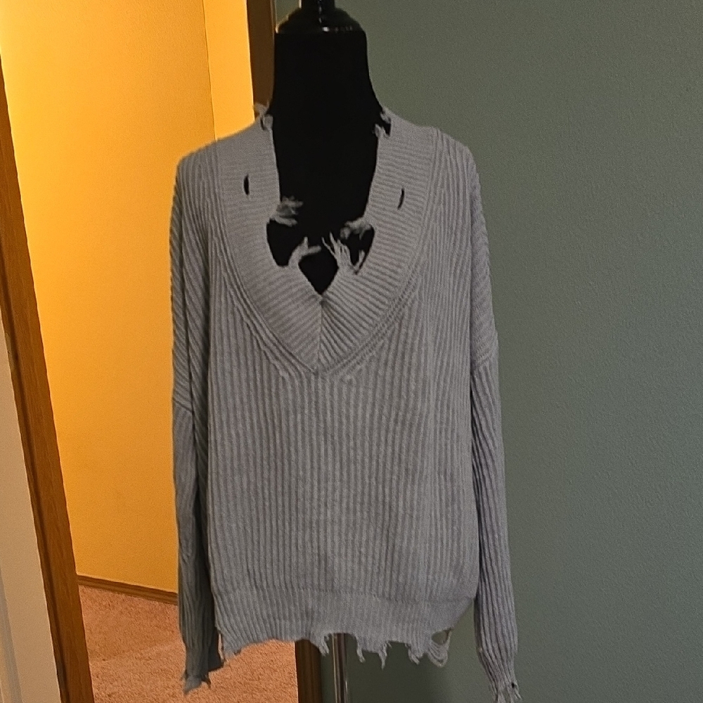 On The Road Distressed V-Neck Sweater in Gray